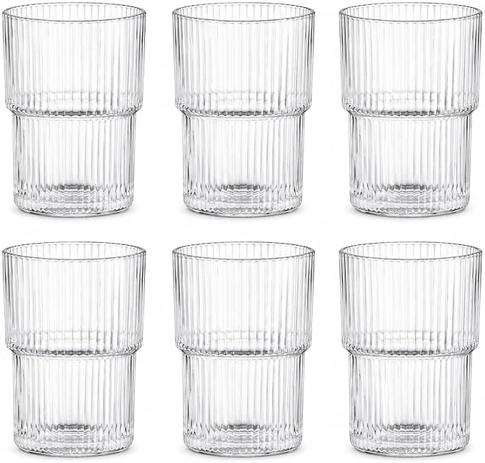 Clear Ribbed Glass Cups, 13 oz Stackable Drinking Glasses by BenRainMasonJarLids