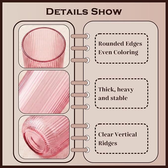 Pink Ribbed Highball Glasses Set of 6, 13.2oz Pink Colored Glassware, Drinking - Image 3