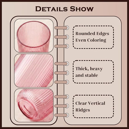 Pink Ribbed Highball Glasses Set of 6, 13.2oz Pink Colored Glassware, Drinking - Image 3