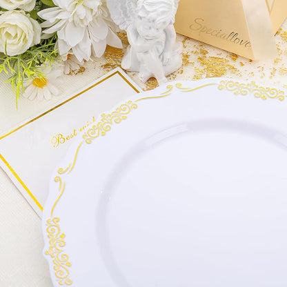 DaYammi 60PCS White and Gold Plastic Plates, Gold Rim Plates Disposable Heavy Duty Disposable Plate Premium 10inch White Dinner Plate Hard Plastic Platos for Party Wedding Bridal Shower