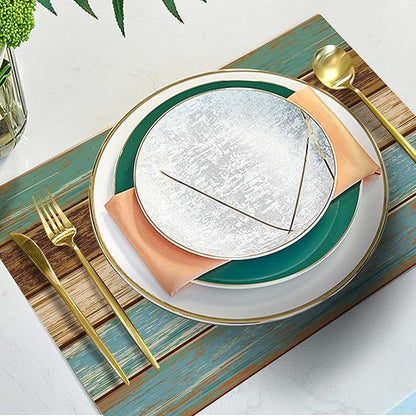 Mcalk Farmhouse Table Runner and Placemats Set of 6 Pieces, Teal and Brown Placemats Wooden Texture,Rectangle Cloth Place Mats Indoor for Kitchen,Washable Placemats Linen Material for Living Table