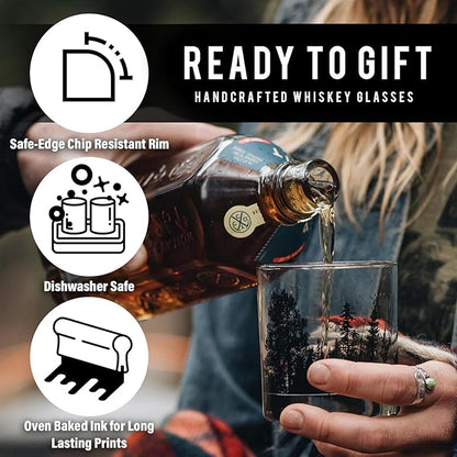 Black Lantern Cabin in the Forest Whiskey Glass Set – 11oz Old Fashioned Rocks Tumblers with Cabin & Pine Tree Design | Hand-Printed Heavy-Base Barware for Bourbon, Scotch & Cocktails (Set of 2)