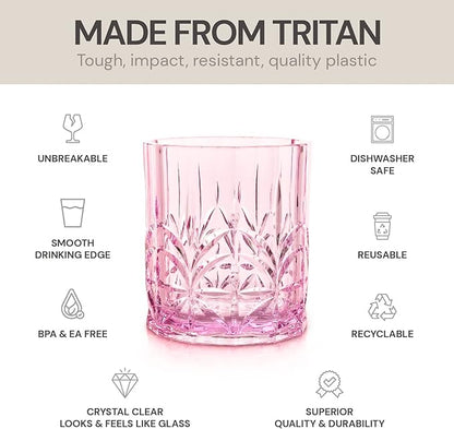BELLAFORTE Shatterproof Tritan Plastic Short Tumbler, Set of 4, 13oz - Myrtle Beach Unbreakable Crystal Cut Old Fashioned Drinking Glasses for Whiskey - BPA Free - Dishwasher Safe - Pink