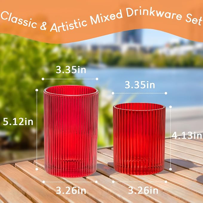 14 oz & 18 oz Ribbed Drinking Glasses Set of 12, Vintage Iced Coffee Cups - Image 6