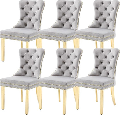 KCC Velvet Dining Chairs Set of 6, Upholstered High-end Tufted Dining Chair with Nailhead Back Ring Pull Trim Stainless Steel Legs, Contemporary Nikki Collection Modern Style for Kitchen, Light Gray