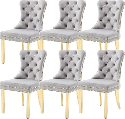 KCC Velvet Dining Chairs Set of 6, Upholstered High-end Tufted Dining Chair with Nailhead Back Ring Pull Trim Stainless Steel Legs, Contemporary Nikki Collection Modern Style for Kitchen, Light Gray