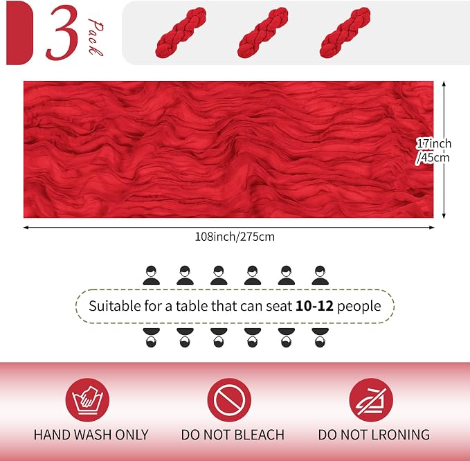 3 Pack Red Cheesecloth Table Runner 17x108 Inch Semi Sheer Boho Gauze Cheese - Image 2