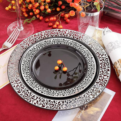 LIYH 350Pcs Black Silver Lace Plastic Plates Dinnerware Set - Image 4