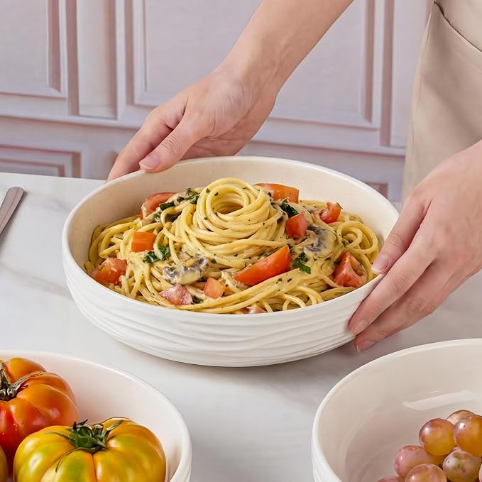 Pasta Bowls Set of 4, 33 OZ White Salad Bowls | 8 Inch Porcelain Wide and - Image 5