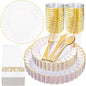 YOUBET 175PCS Gold Scalloped Plastic Plates - Clear and Gold Disposable Dinnerware Set Include 50 Plates, 75 Gold Silverware, 25 Cups, 25 Napkins for Party & Wedding