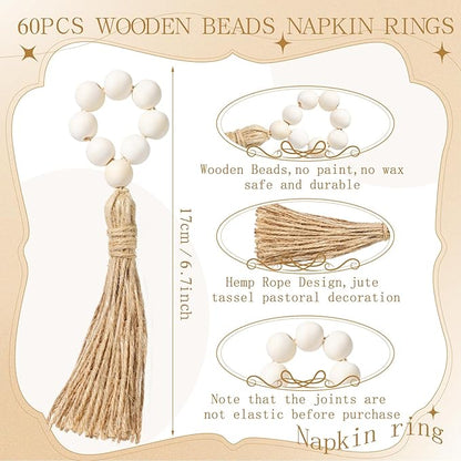 Maxcheck 60 Pcs Wood Bead Napkin Rings with Tassel Handmade Wooden Farmhouse Napkin Ring Natural Beaded Napkin Ring Holders for Tabletop Dining Party Wedding Gathering Home Decoration (Rustic)