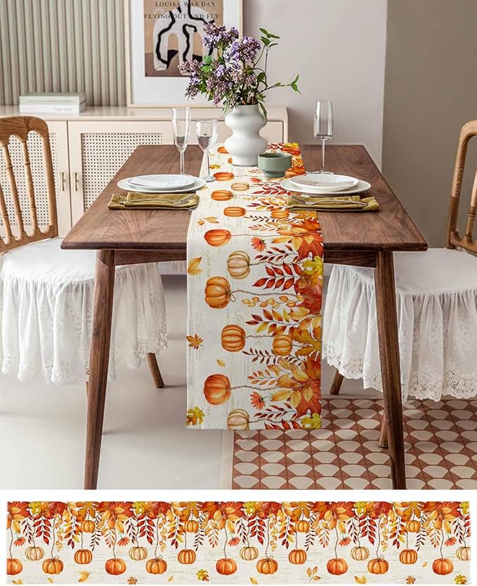 Orange Pumpkin Fall Table Runner 36 Inches Long, Thanksgiving Maple Eucalyptus - Image 4