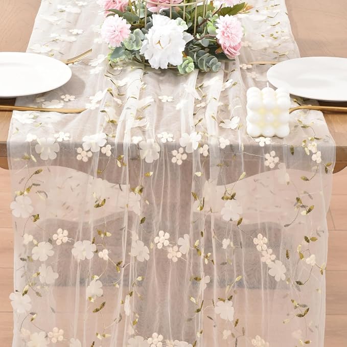 Wildflower Floral Sheer Tulle Gauze Table Runner Wedding Baby Shower Decor | - Image 2