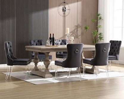 KCC Velvet Dining Chairs Set of 6, Upholstered Tufted Wingback Dining Room Chair with Nailhead Back Ring Pull Trim Solid Acrylic Legs, Contemporary Nikki Collection Style for Kitchen, Grey