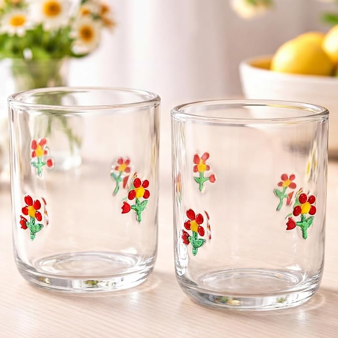 Skylety 2 Pcs Flower Icon Juice Glasses 14 oz Spring Stemless Wine Drinking by Skylety