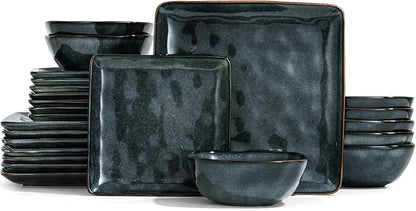 Famiware Dinnerware Sets for 8, Ocean Square 24-Piece Kitchen Plates and Bowls Sets, Microwave and Dishwasher Safe, Scratch Resistant, Deep Forest