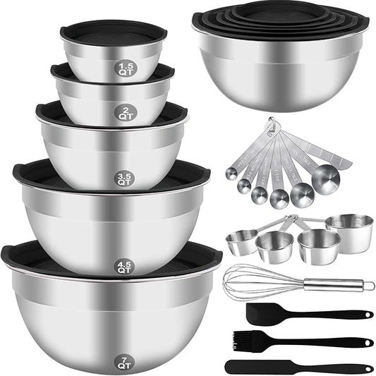 Mixing Bowls Set, 25PCS Stainless Steel Mixing Bowl with Lid Set, Large Nesting Bowls 7, 4.5, 3,2, 1.5QT, Measuring Cups and Spoons Baking Utensils Metal Bowl for Kitchen Prep