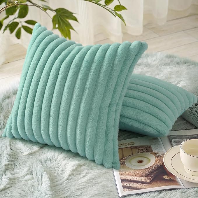 decorUhome Cozy Faux Fur Throw Pillow Covers 22x22 Set of 2 Decorative Soft Plush Striped Modern Farmhouse Boho Couch Euro Sham Pillow Cases with Velvet Back for Sofa Bed Living Room, Aqua