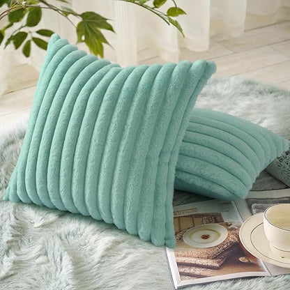 decorUhome Cozy Faux Fur Throw Pillow Covers 24x24 Set of 2 Decorative Soft Plush Striped Modern Farmhouse Boho Couch Euro Sham Pillow Cases with Velvet Back for Sofa Bed Living Room, Aqua