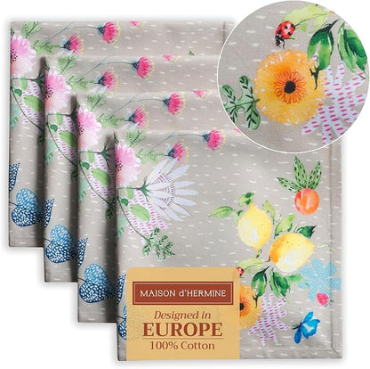 Maison d' Hermine Cloth Napkins Set of 4 100% Cotton Everyday Reusable Square Napkins Cloth Washable Dinner Wedding Restaurant Valentines Day Decorations Spring/Summer (Jardin D'Ete - Fog, 20" x 20")