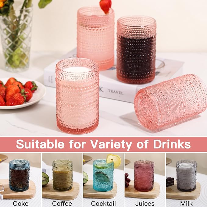JOVGANK Pink Vintage Hobnail Drinking Glasses Set of 6, Water Tumbler 15oz - Image 5
