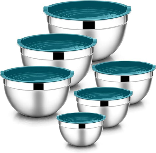 E-far Mixing Bowls with Lids, 12-Piece Stainless Steel Salad Bowls Metal Nesting Bowls for Baking Cooking and Prepping, Airtight Lids & Stackable Design, Size 7, 4.5, 3, 1.5, 1.2, 0.7 QT (Blue)