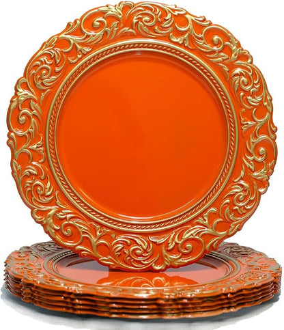 Orange Charger Plates with Gold Embossed Rim, 13 Inch Plastic Charger by Umisriro