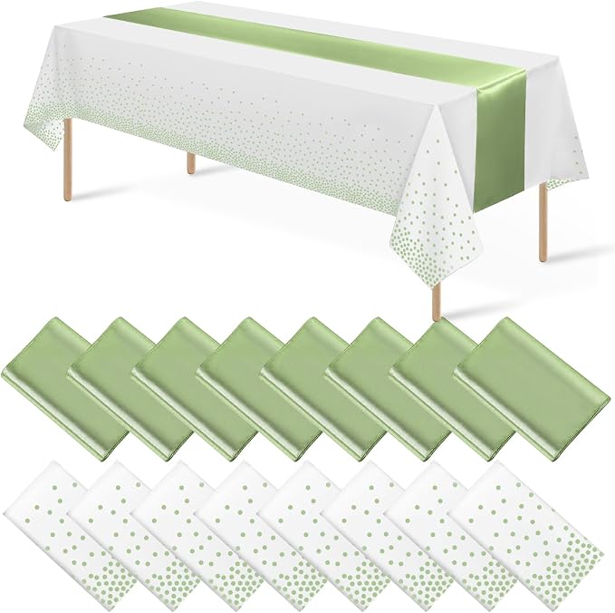 16Pack Plastic Tablecloths and Satin Table Runner Set Disposable White and Sage by MASHAN
