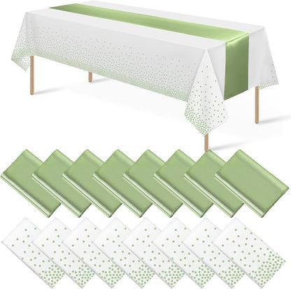 16Pack Plastic Tablecloths and Satin Table Runner Set Disposable White and Sage by MASHAN