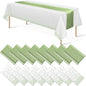 16Pack Plastic Tablecloths and Satin Table Runner Set Disposable White and Sage by MASHAN