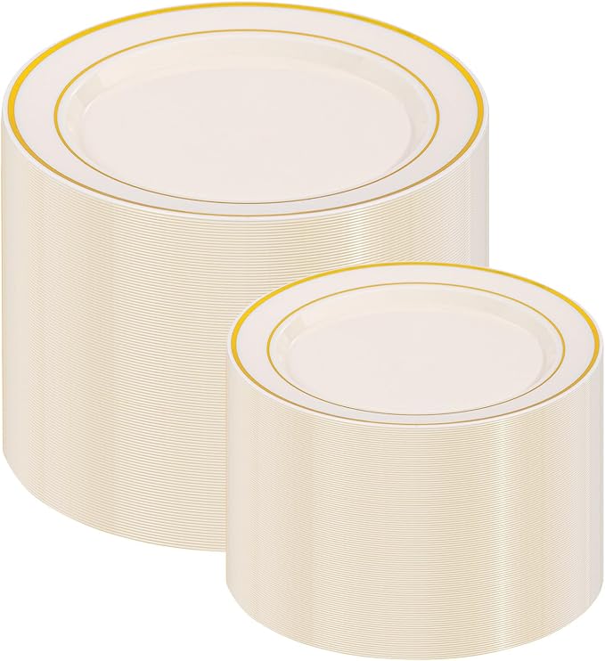 IOOOOO 200 Pcs Gold and Ivory Plastic Plates, Ivory Disposable Party Plates by I00000
