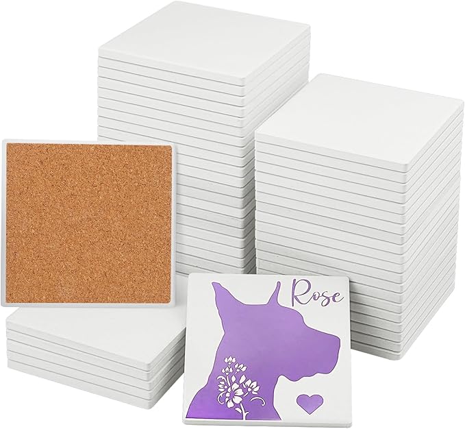 GNIEMCKIN 50 Pieces 3.54 Inch Square Blank Ceramic Coasters, Unglazed Ceramic by GNIEMCKIN