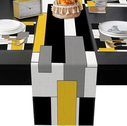 Table Runner and Placemats Set of 6, Abstract Geometric | Yellow Black Grey Art - Image 5
