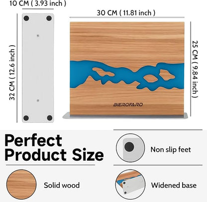 Resin River Magnetic Knife Block with Steel Base, Double-Sided Acacia Wood Knife Holder for Chef Knives, Modern Kitchen Organizer