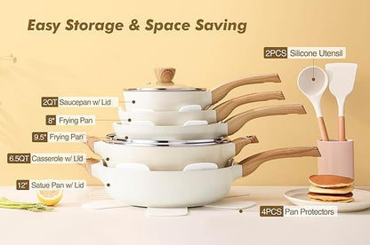 SENSARTE 14-Piece Ceramic Non Stick Induction Cookware Set, Non Toxic Healthy Non Stick Kitchen Cooking Pots and Frying Pans Set, PFAS PTFE PFOA PFOS Free, Ceramic White
