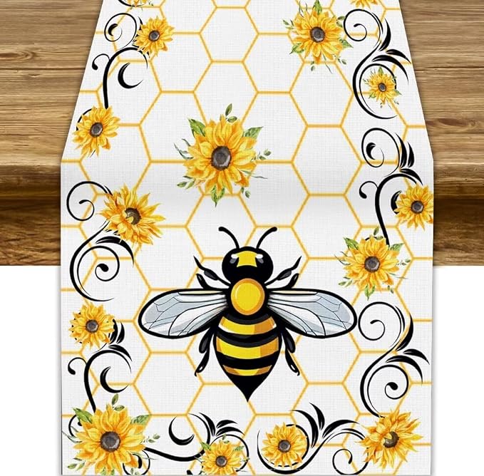 Bee Sunflower Table Runner, Farmhouse Orange Honeycomb Vintage Spring Summer by JanJCurt