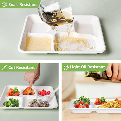 Compostable 5 Compartment Plates Disposable, 10.25 x 8.25 inch, [50-Pack] Heavy Duty Paper Plates with dividers, Sturdy School Lunch Trays, White Large Paper Dinner Plates for Buffet Party