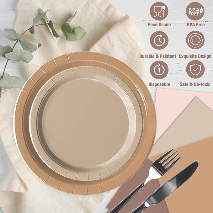 Oigco 60 PCS Brown Paper Plates Boho Baby Shower Decorations Gradient Brown - Image 4