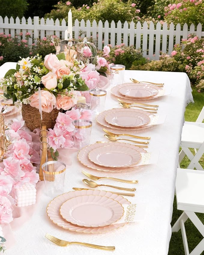 YOUBET 100PCS Pink and Gold Scalloped Plastic Plates - Image 9