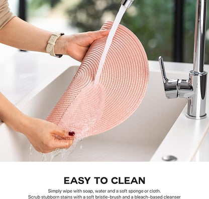 Round Placemats Set of 4 Plastic Woven Placemats Washable Wipeable Table Mats for Dining Table Heat Resistant Non-Slip Circle Place Mats (Sandstone Pink)