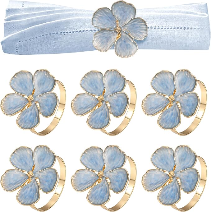 Lewondr Napkin Rings 6 Pack Flower Napkin Holders Dinner Tables Rings Blue | - Image 8