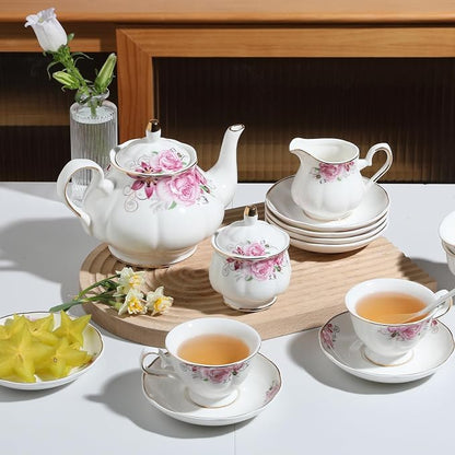 Sweejar Porcelain Tea Set Vintage Floral, British Relief Gold Rim Teapot Cup - Image 5