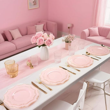 COLOSUS 60Pcs Disposable Plastic Plates Set, Gold Pink Party Plates, 30pcs Dinner Plates and 30pcs Salad/Dessert Plates for Wedding, Party, Anniversary, Daily Use,Valentine's Day