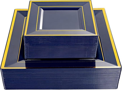 Liacere 100PCS Blue and Gold Square Plastic Plates-50PCS Heavy Duty 9.5inch Disposable Dinner Plates and 50PCS 6inch Blue Dessert Plate - Gold Plastic Plate for Party&Washington's Birthday
