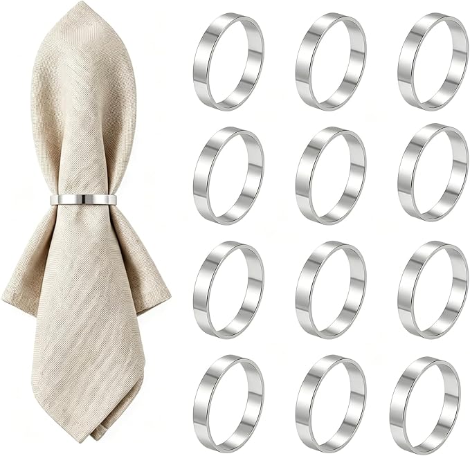 12Pcs Simple Silver Round Napkin Rings, Metal Decorative Table Napkin Holders by SHUOGUO