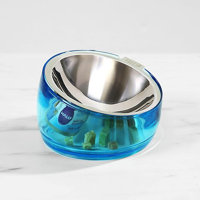 Felli Pet Oblik Whisker Fatigue Cat Food Bowl Raised Stainless Steel Shallow Dish, Pet Design Anti Vomit Tilted Metal Plate Feeder Elevated Acrylic Base(Sapphire, 0.5 Cups Shallow Dish)