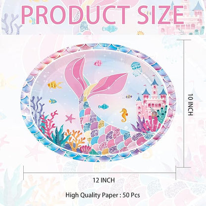 50Pcs Mermaid Birthday Oval Paper Plates 10" x 12" Large Disposable Heavy Duty Iridescence Paper Platters Mermaid Themed Dessert Plates for Under the Sea Themed Birthday Party Supplies