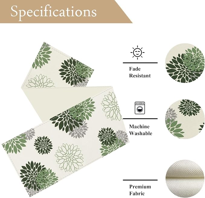 Sage Green Grey Table Runner Dahlia Pinnata Flower Beige Table Runners Modern - Image 6