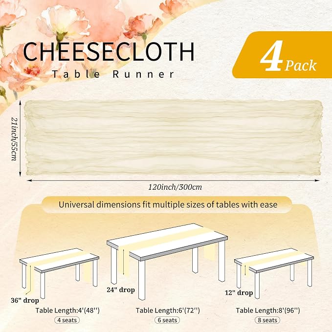 4 Pack Cheesecloth Table Runner 10FT Beige Table Runner Boho Gauze Cheese Cloth - Image 2