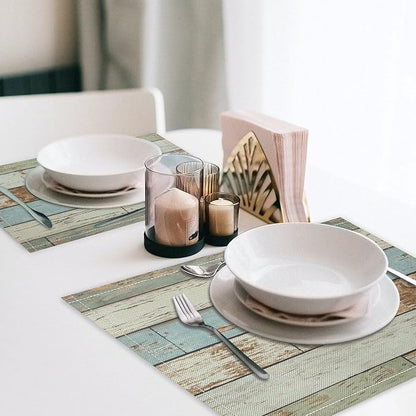 Rustic Plank Placemat Set, Vintage Old Shabby Colorful Beige Green Blue Farmhouse Barn Wooden Board Pattern Home Decor Linen Table Mats for Dining Room Kitchen Party (17x12in) x6P